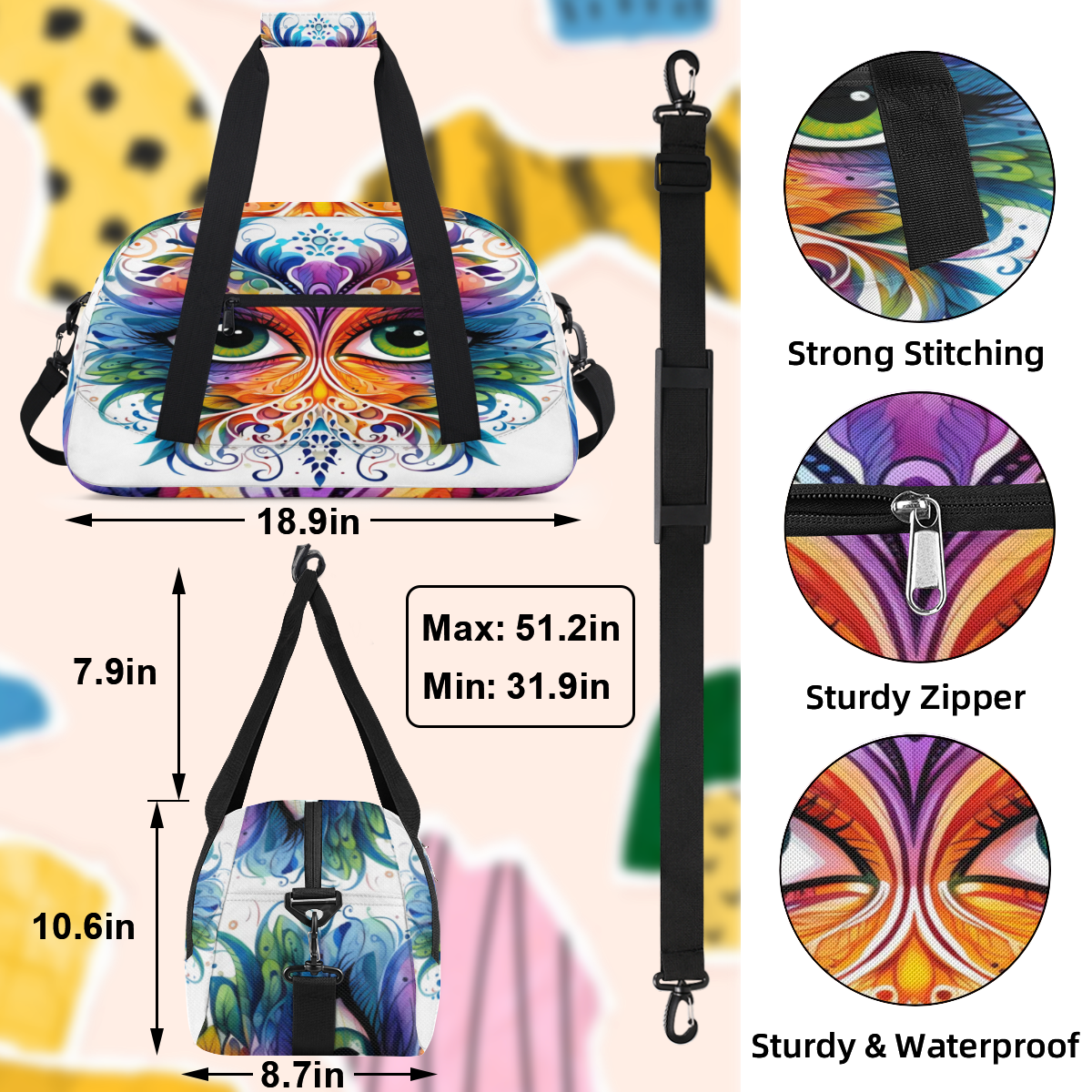 Herdesigns Mardi Gras Sports Duffle Bag for Women & Men, Festival Masquerade Party Gym Bag Dance Bag Overnight Bag Carry On Weekender Travel Bag