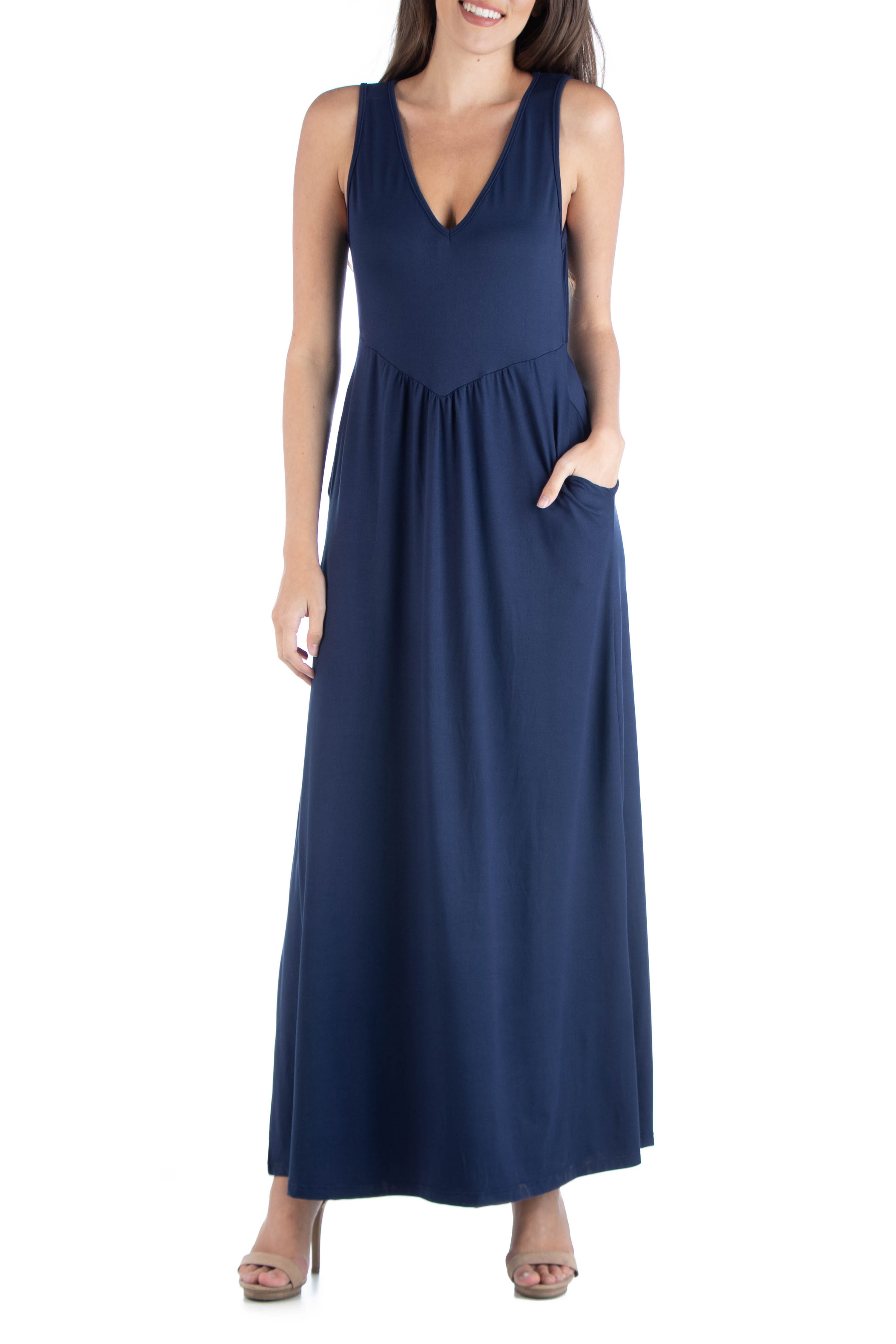 Small-3X 24seven Comfort Apparel Womens Maternity Sleeveless V Neck Maxi Dress with Pockets Made in USA
