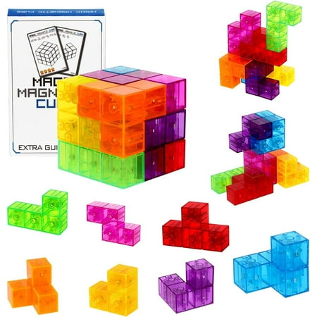 Magnetic Building Blocks Magic Magnetic 3D Puzzle Cubes, Set of 7 Multi Shapes Magnetic Blocks with 54 Guide Cards, Intelligence Developing and Stress Relief Fidget Toys