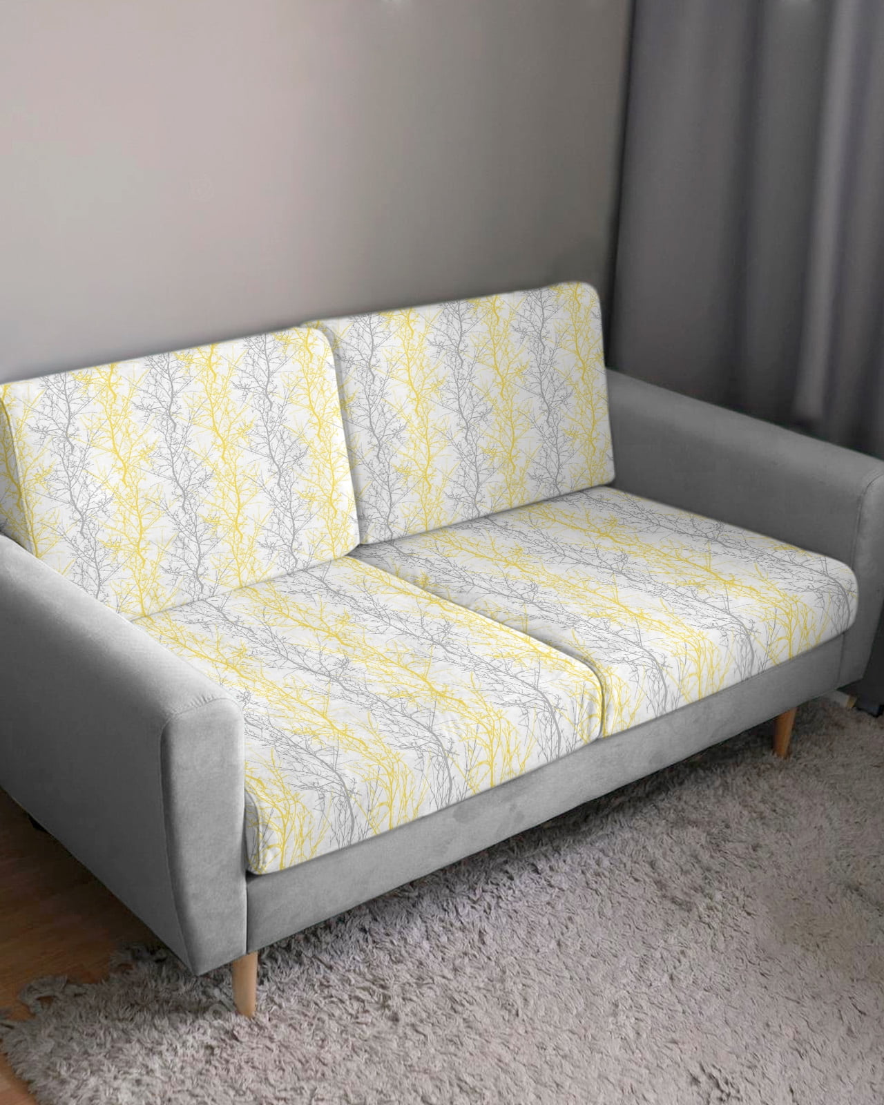 Yellow Gray Couch Cushion Covers, Stretch Seat Cushion Covers for Sectional Sofa, Pastoral Botanical Branch Aesthetics T-shaped Sofa&nbsp;Slipcovers Furniture Protector with Elastic&Straps Small 2Pcs