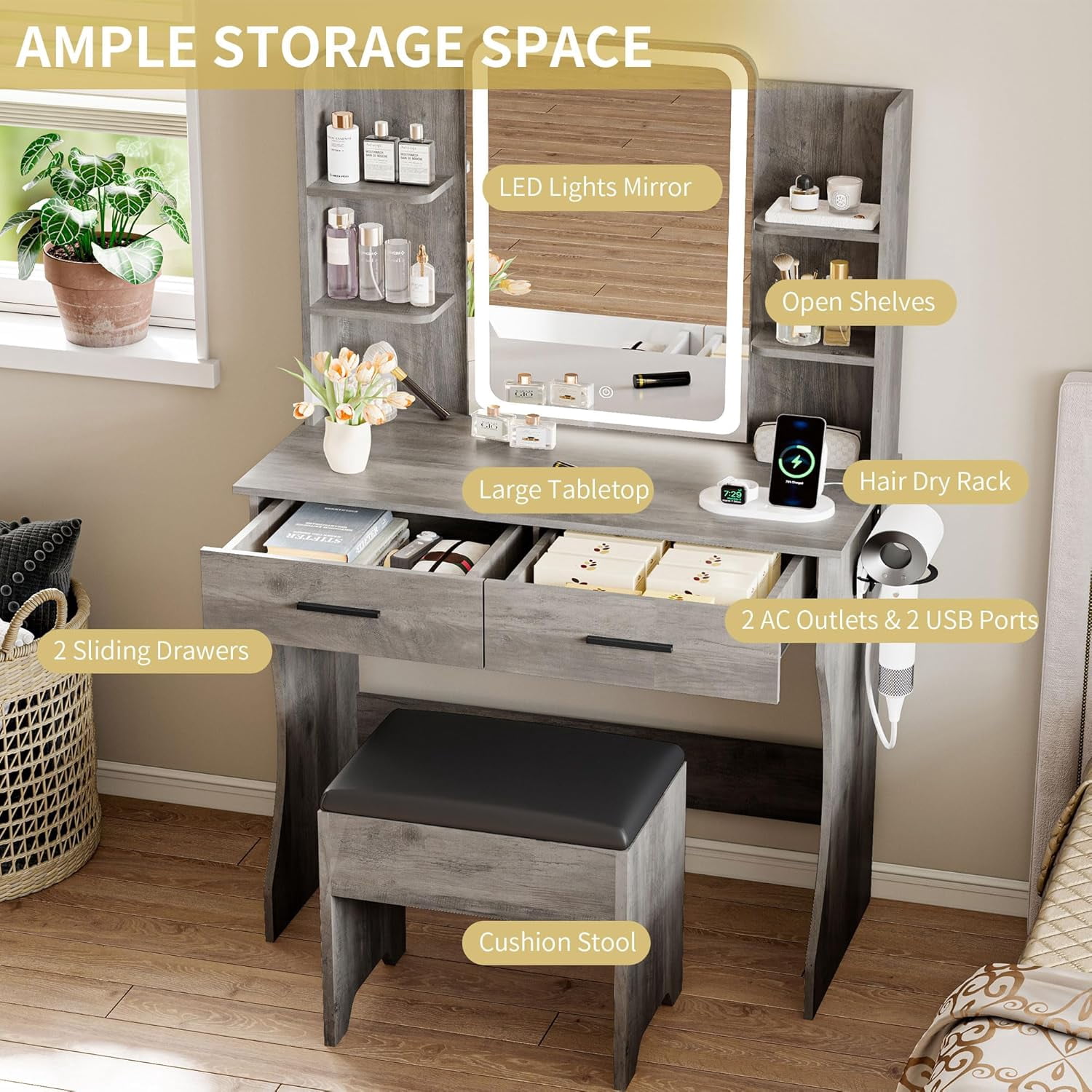 PUFFCAFE Vanity Desk with Mirror and LED Lights,Small Makeup Vanity Table with Storage Drawers & Chair & Power Outlet,Bedroom Gray Vanity Set