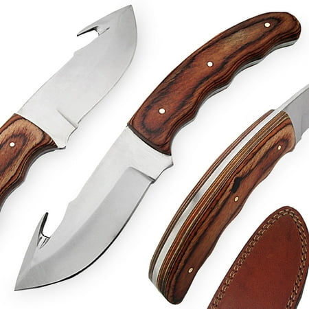 Armory Replicas Hunting Full Tang Kentucky Outfitter Gut Hook Knife | 440 Stainless Steel Drop Point Blade with Wooden Handle & Leather Sheath | Perfect for Field Dressing & Outdoor Use