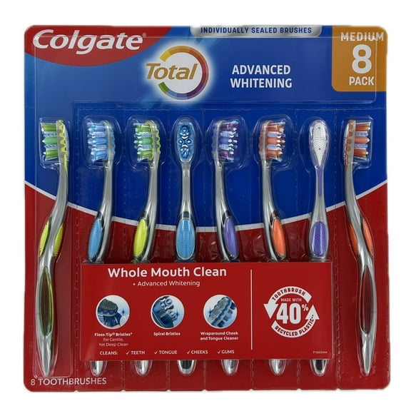Colgate Total Advanced Whitening Whole Mouth Clean Toothbrush, 8 Count (Medium)