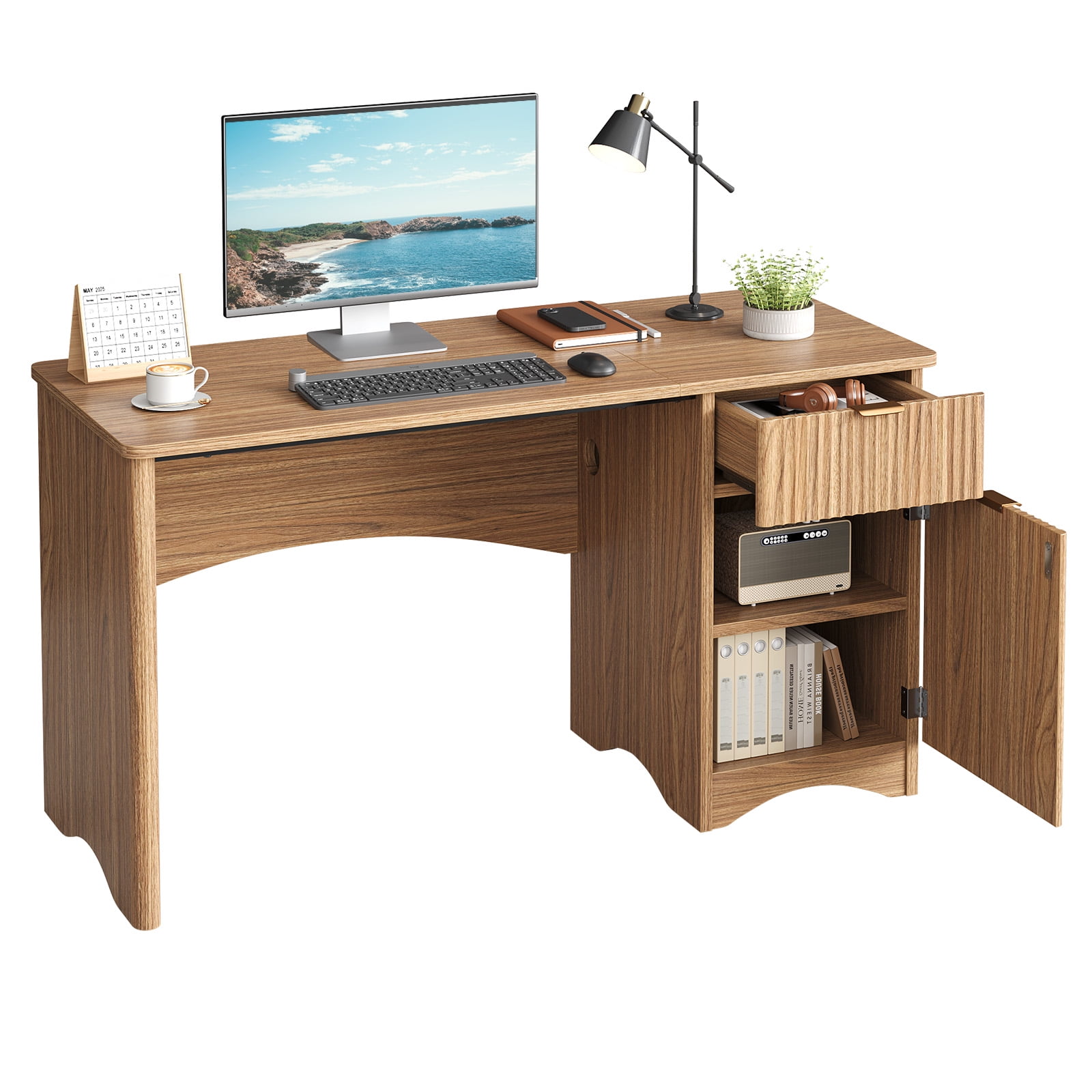 Bestier 47" Computer Desk with Drawer, Modern Home Office Desk with Storage Cabinet, Fluted PC Study Writing Desk for Small Spaces, Brown Oak