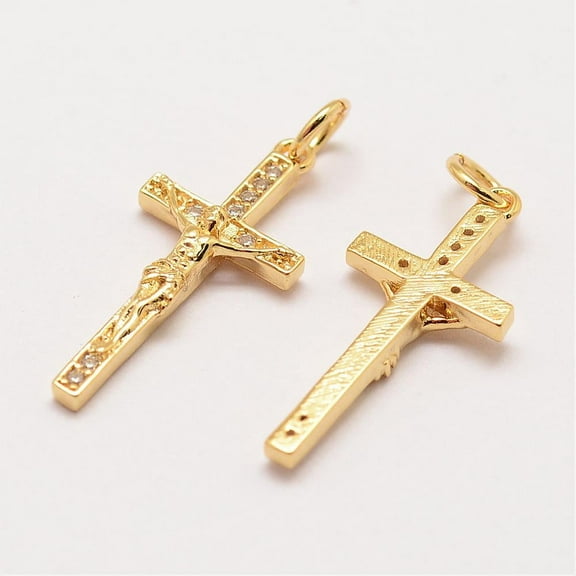 Brass Micro Pave Grade AAA Cubic Zirconia Pendants Long-Lasting Plated Cross Cadmium Free & Nickel Free & Lead Free Real 18K golden Plated 23x11x3mm Hole: 3mm