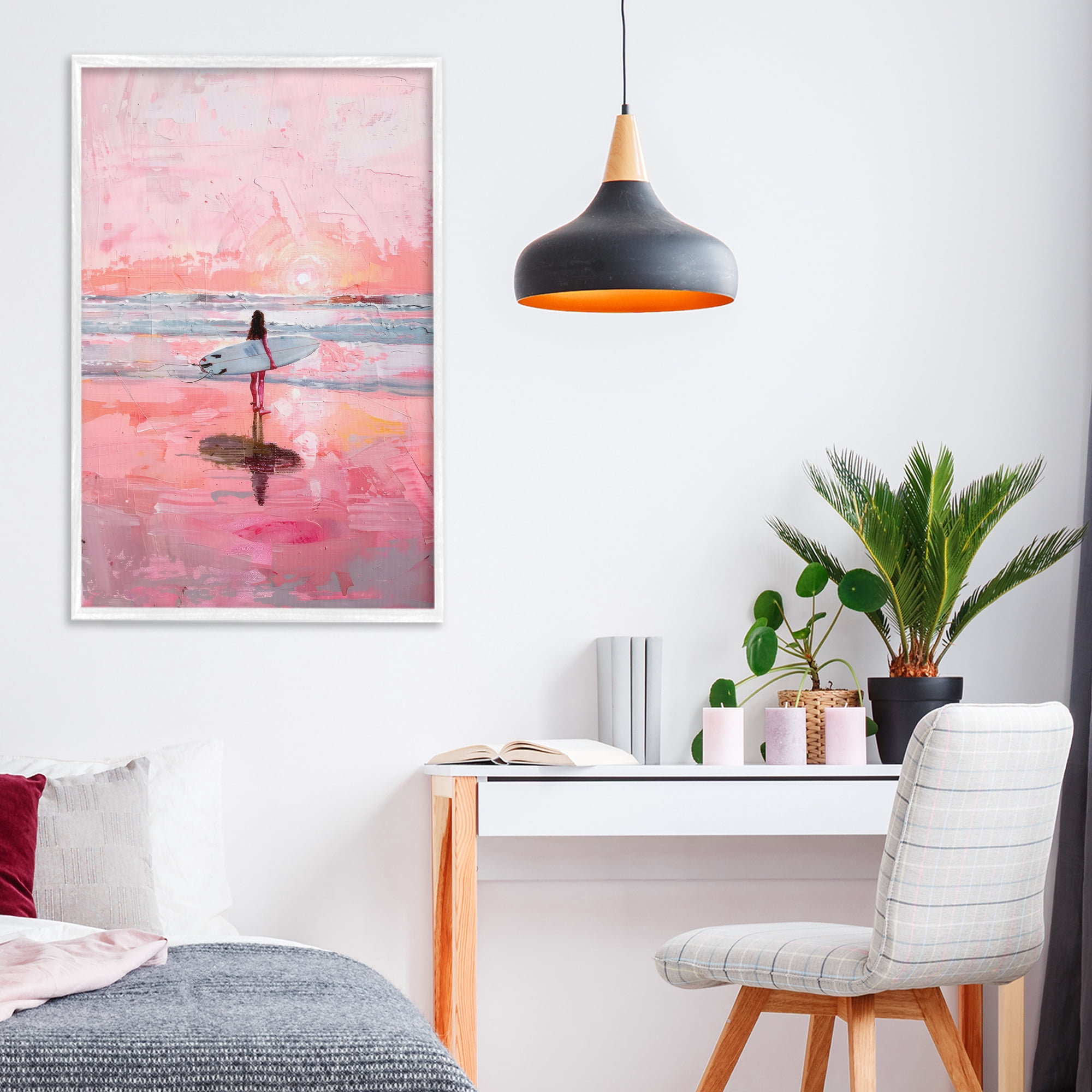 Stupell Industries Surfer at Pink Sunset White Framed Giclee Art, design by Creative Studio
