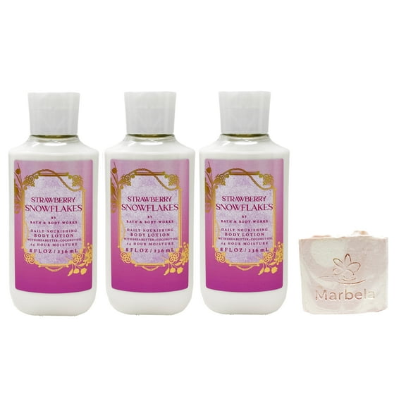 Bath & Body Works Strawberry Snowflakes - 3 Pack Of Body Lotion With a Himalayan Salts Springs Soap.