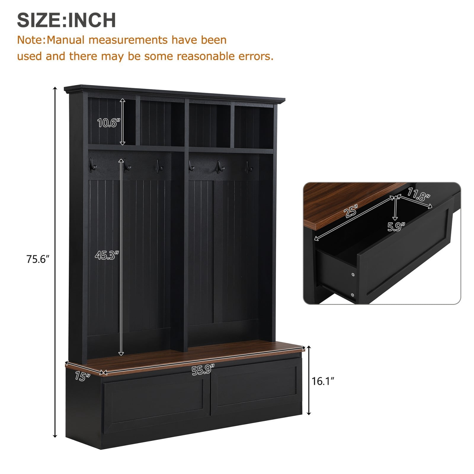 55.9" W Farmhouse 4-in-1 Entryway Hall Tree with Wood Grain Bench, Coat Rack with 6 Hooks, 2 Large Drawers & Open Storage Compartments, Mudroom Organizer for Hallway Living Room, Black