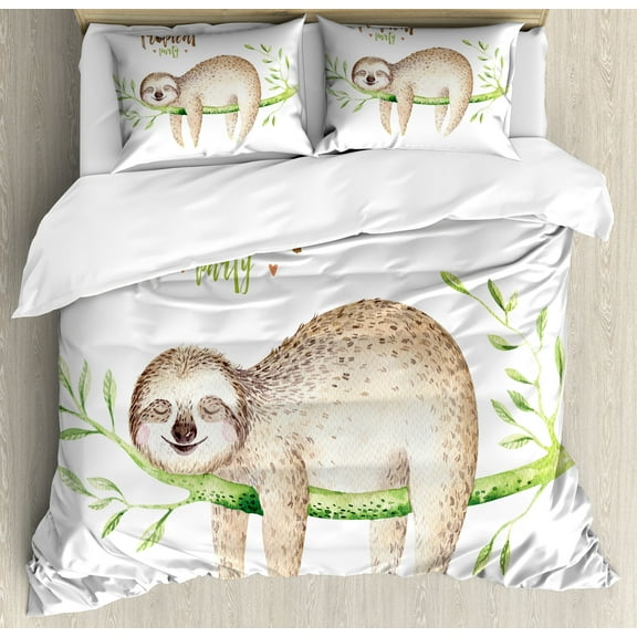 Sloth Duvet Cover Set, Young Animal Sleeping on Palm Branch Happy Dreams Wildlife Nature Watercolor, Decorative 3 Piece Bedding Set with 2 Pillow Shams, Calking Size, Pale Brown Green, by Ambesonne