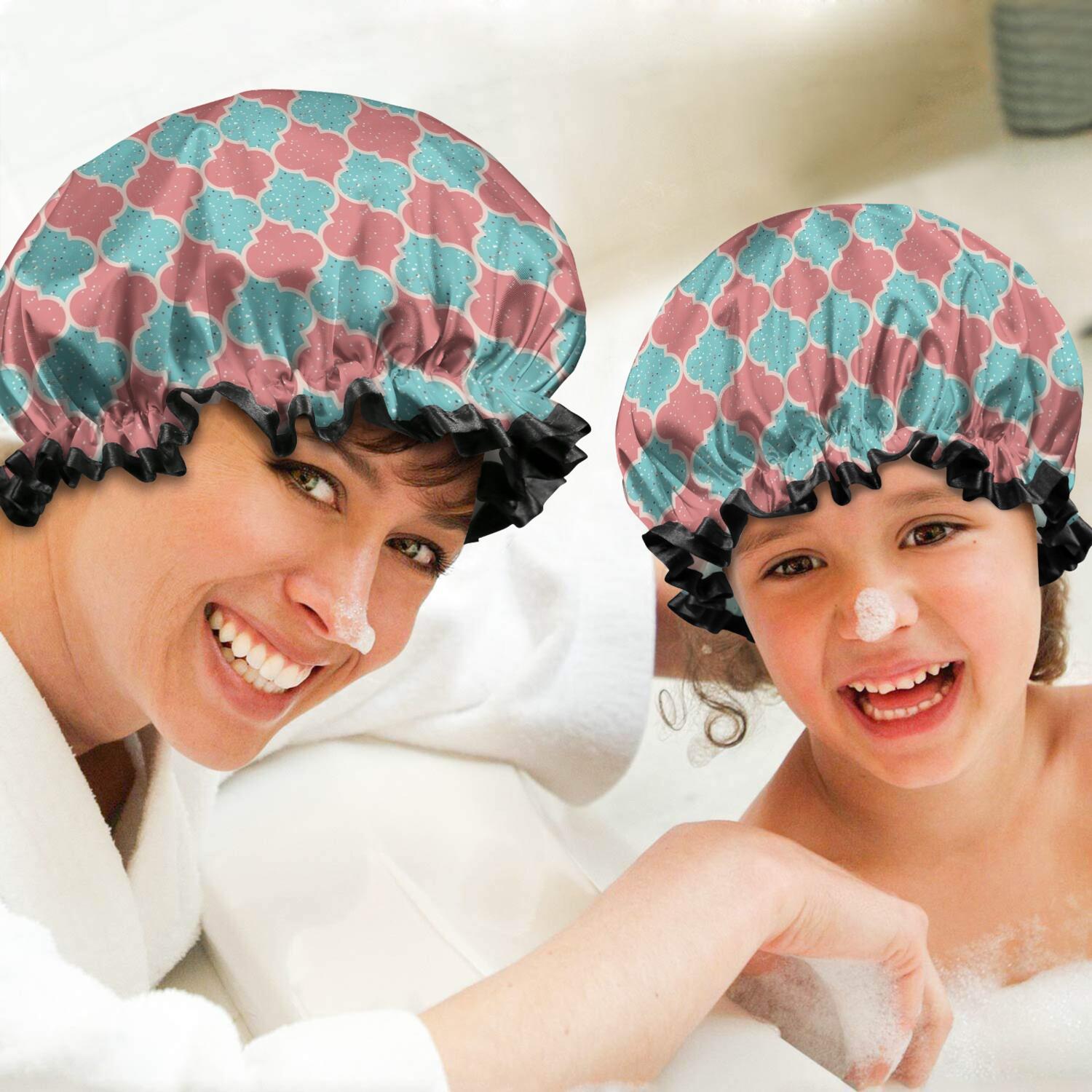 Shower Caps,Red Teal Checkerboard Checkered Pattern Waterproof Shower Cap for Women 4 Pieces,Double Reusable Hair Cover for Shower PEVA Elastic Stretch Hem
