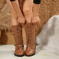 thumbnail image 5 of Willtoo Women's Mid Calf Boots Lace up Combat Boots Denim Leather Riding Motorcycle Long Booties Low Heel Gothic Motorcycle Flats Long Shoes Coffee, 5 of 5