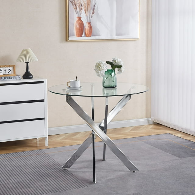 Noble House Round Dining Table,Glass Dining Table, cross-shaped electroplated iron legs,Chrome