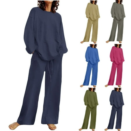 Feancey Long Sleeve 2 Piece Sets for Women Linen Casual Beach Vacation Outfits Solid Color Loose Tops and Drawstring Wide Leg Pants Two Piece Set Holiday Gifts Hot Pink S