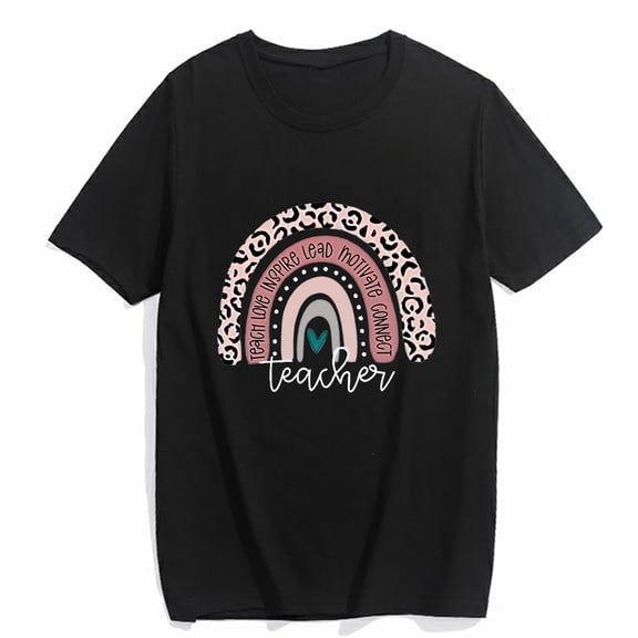 Women's T-Shirt Teacher Shirt for Women Teach Rainbow Leopard Graphic Casual Short Sleeve Top Black 3X-Large