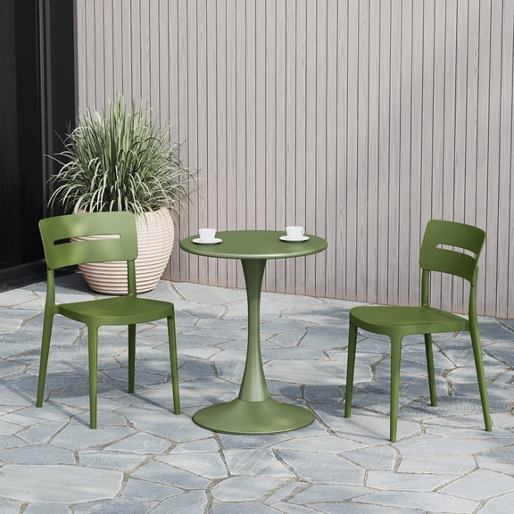 WestinTrends Playa 3-Piece Outdoor Round Metal Patio Dining Table Set With Stackable Patio Chairs, Olive Green
