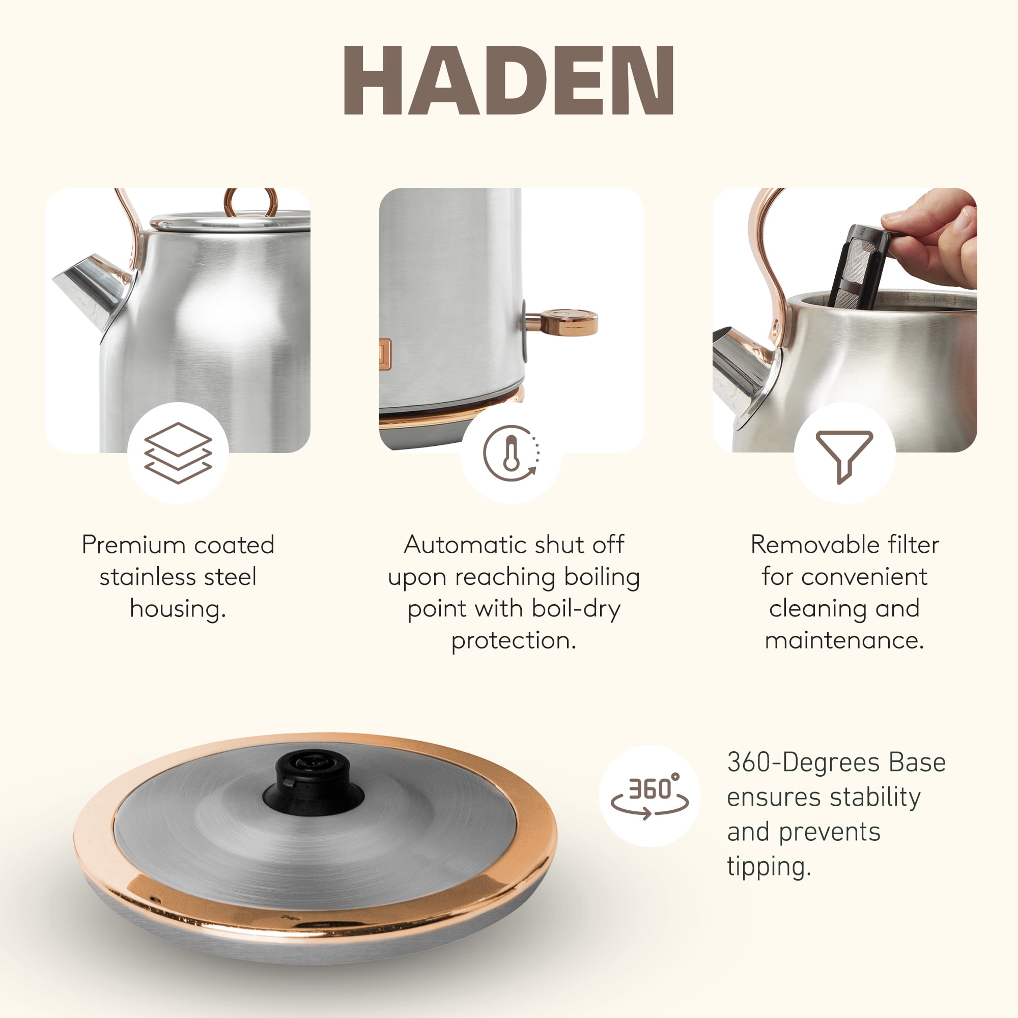 Haden Heritage 4 Slice Wide Toaster & Electric Water Kettle, Ivory & Copper