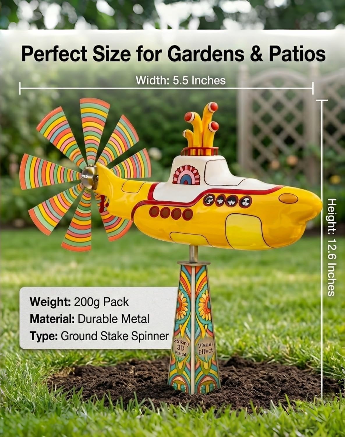 Metal Yellow Submarine Wind Spinner, 12.6 Inch Rotating Yard