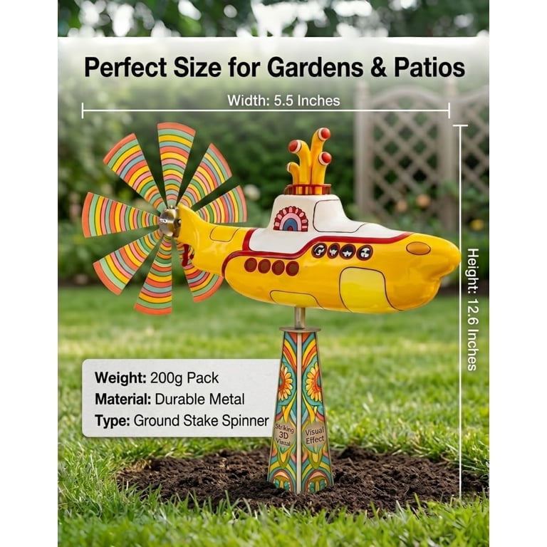 Metal Yellow Submarine Wind Spinner, 12.6 Inch Rotating Yard