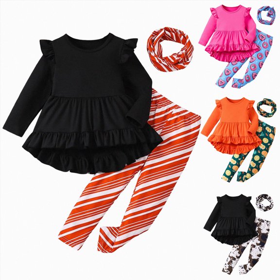 YDFCWXW Toddler Girl Winter Outfit 2Pcs Ruffle Sleeve Top with Printed Legging Pants Fashion Daily Wear Set (Orange, 4-5 Years)
