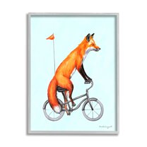 Stupell Industries Eccentric Red Fox Riding Bicycle Biking Flag Graphic Art Gray Framed Art Print Wall Art, Design by Amelie Legault