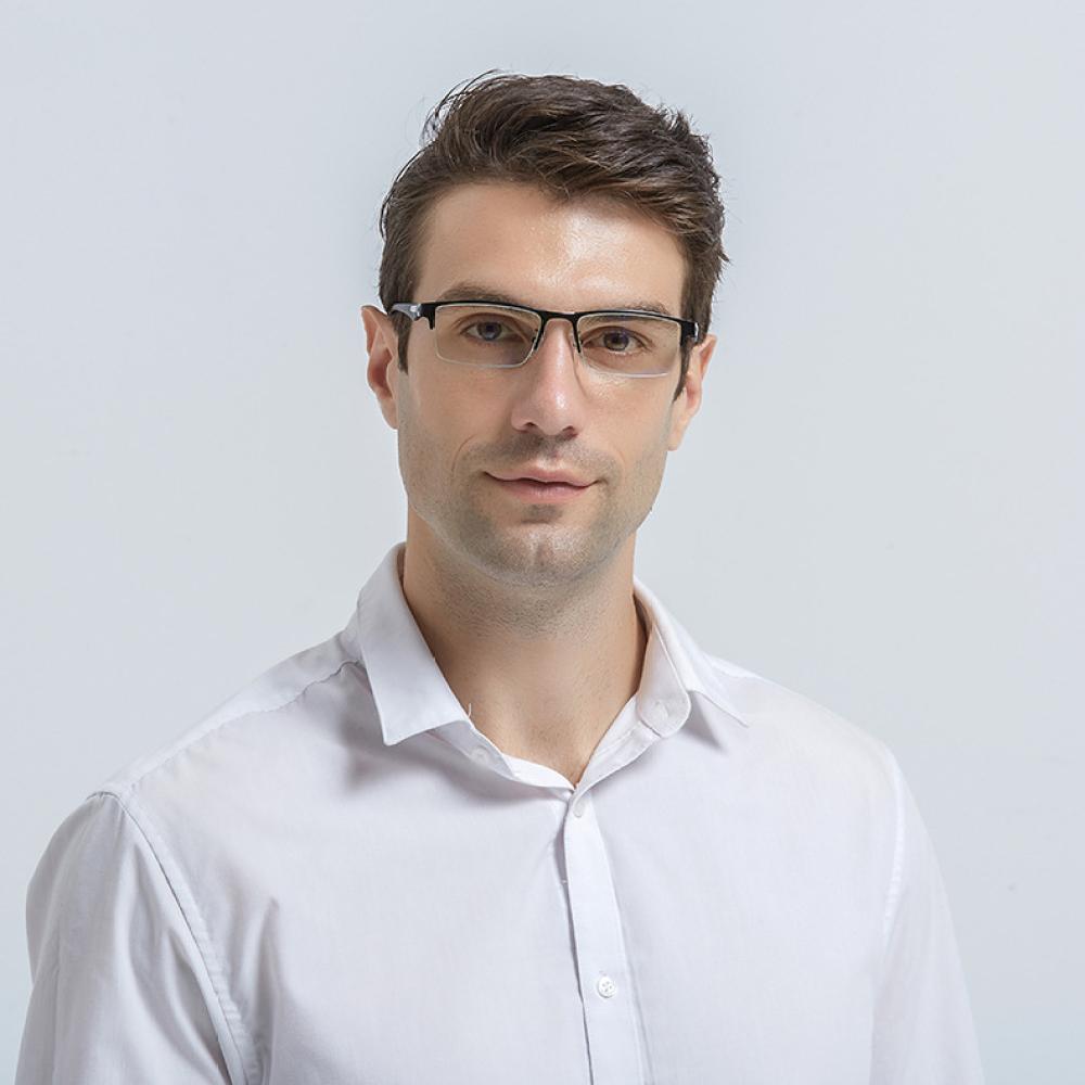 3 Pairs Mens Fashion Blue Light Blocking Half Rimless Reading Glasses 2.0, Metal Blue Spring Hinge Business Rectangle Readers +2.00