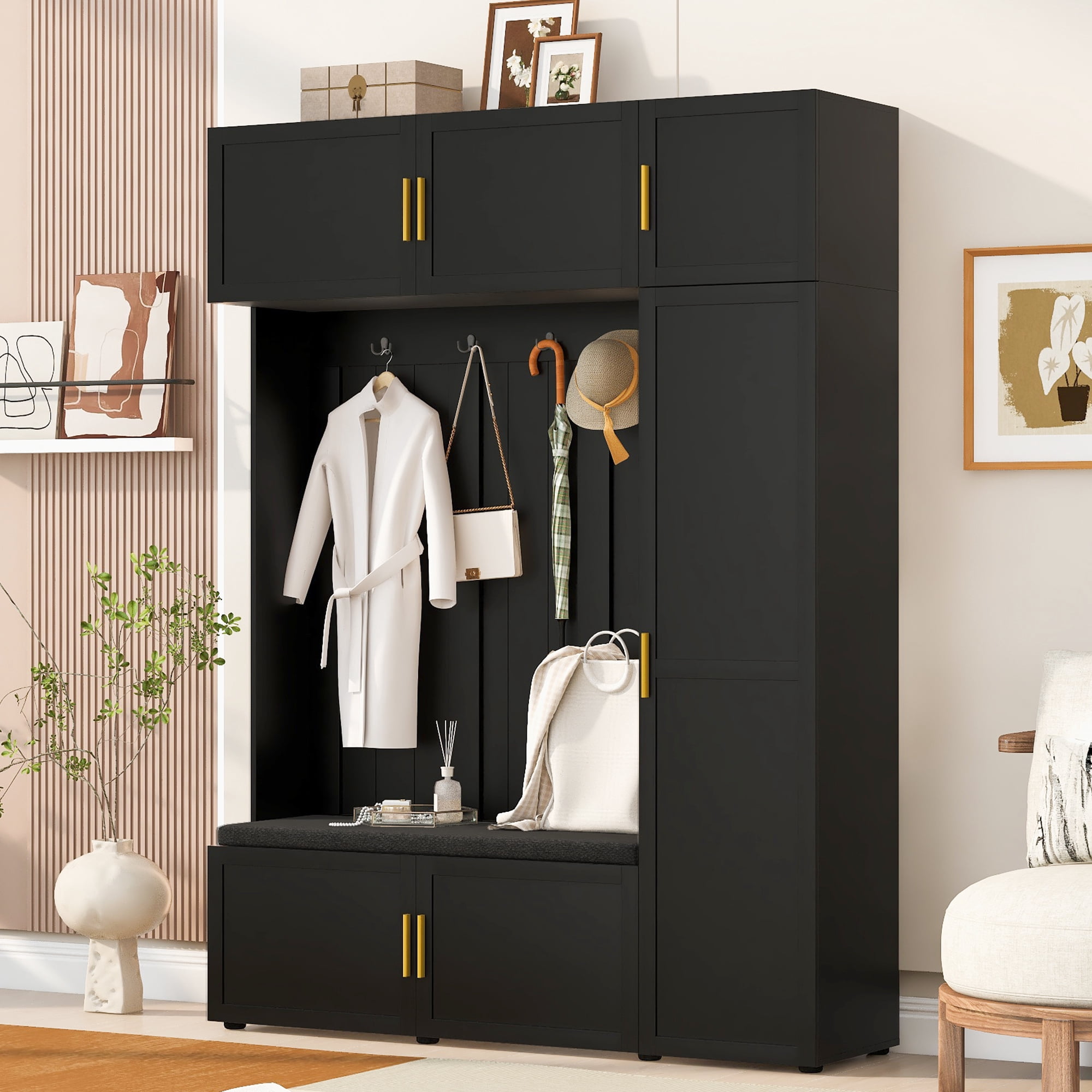 Mintazer All‑in‑One Hall Tree with Cushioned Shoe Bench & Hooks, Entryway Storage Organizer with Cabinets & Open Shelves for Mudroom Hallway, Black