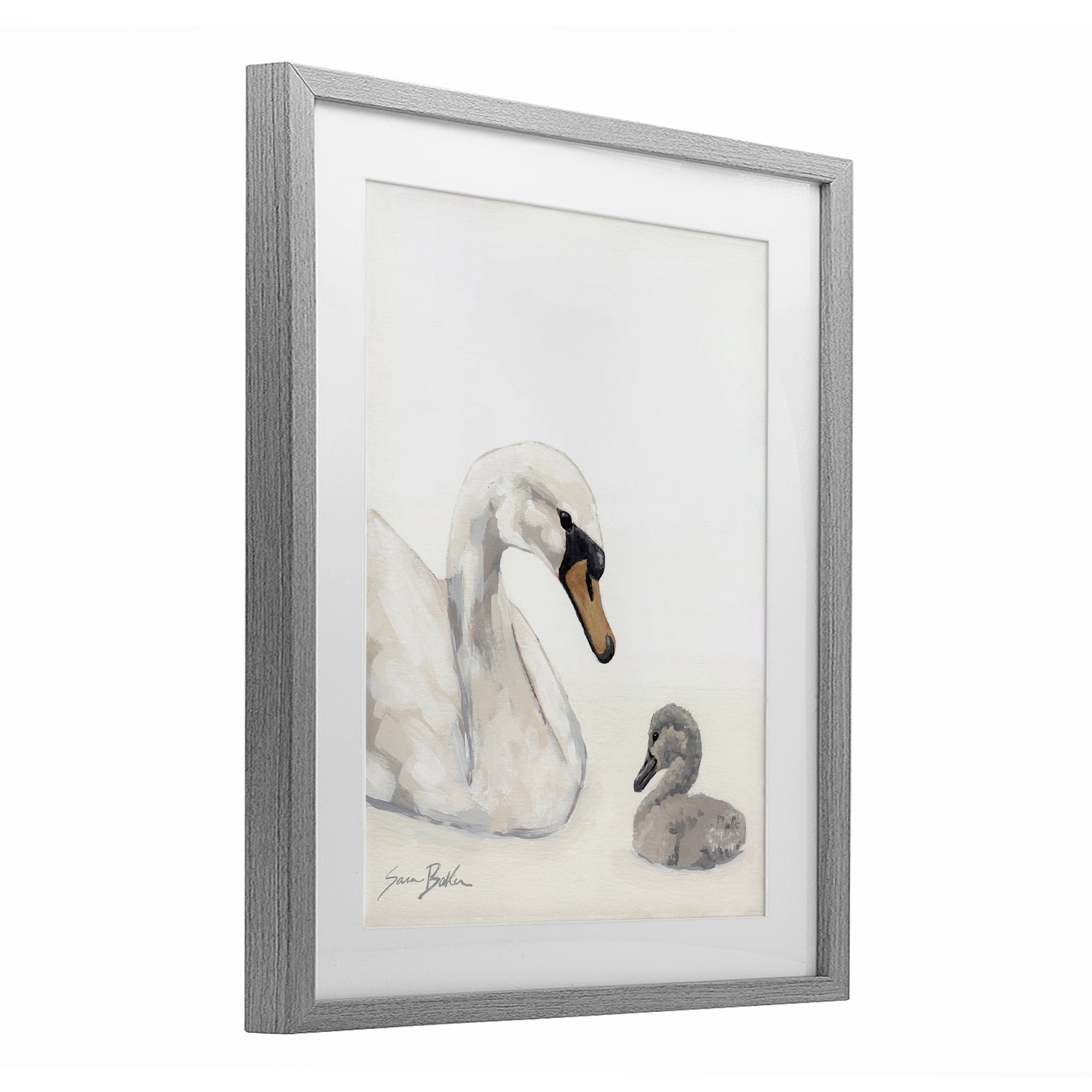 Stupell Industries Mother Swan & Cygnet Gray Framed Print Under Glass, design by Sara Baker