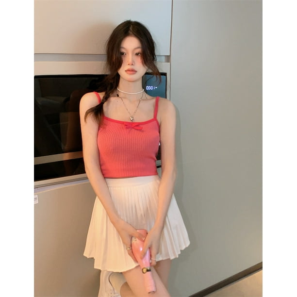 VISgogo Mujeres Crop Camisole, Bowknot Ribbed Ribed Sling Low Cut Short Tops, Ladies Summer Slim Navel Tops VISgogo moda