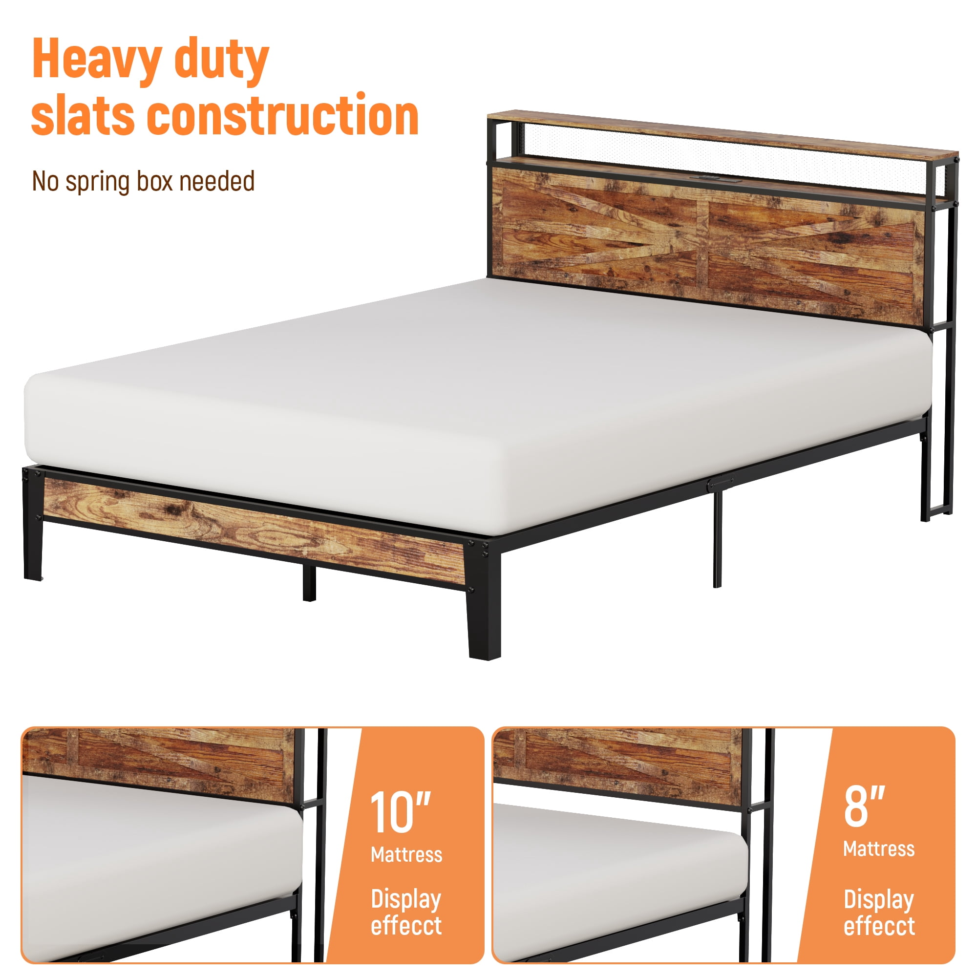 BEHOST Twin Bed Frame Heavy Duty Metal Platform with Headboard Shelf USB and Power Outlets Vintage Brown