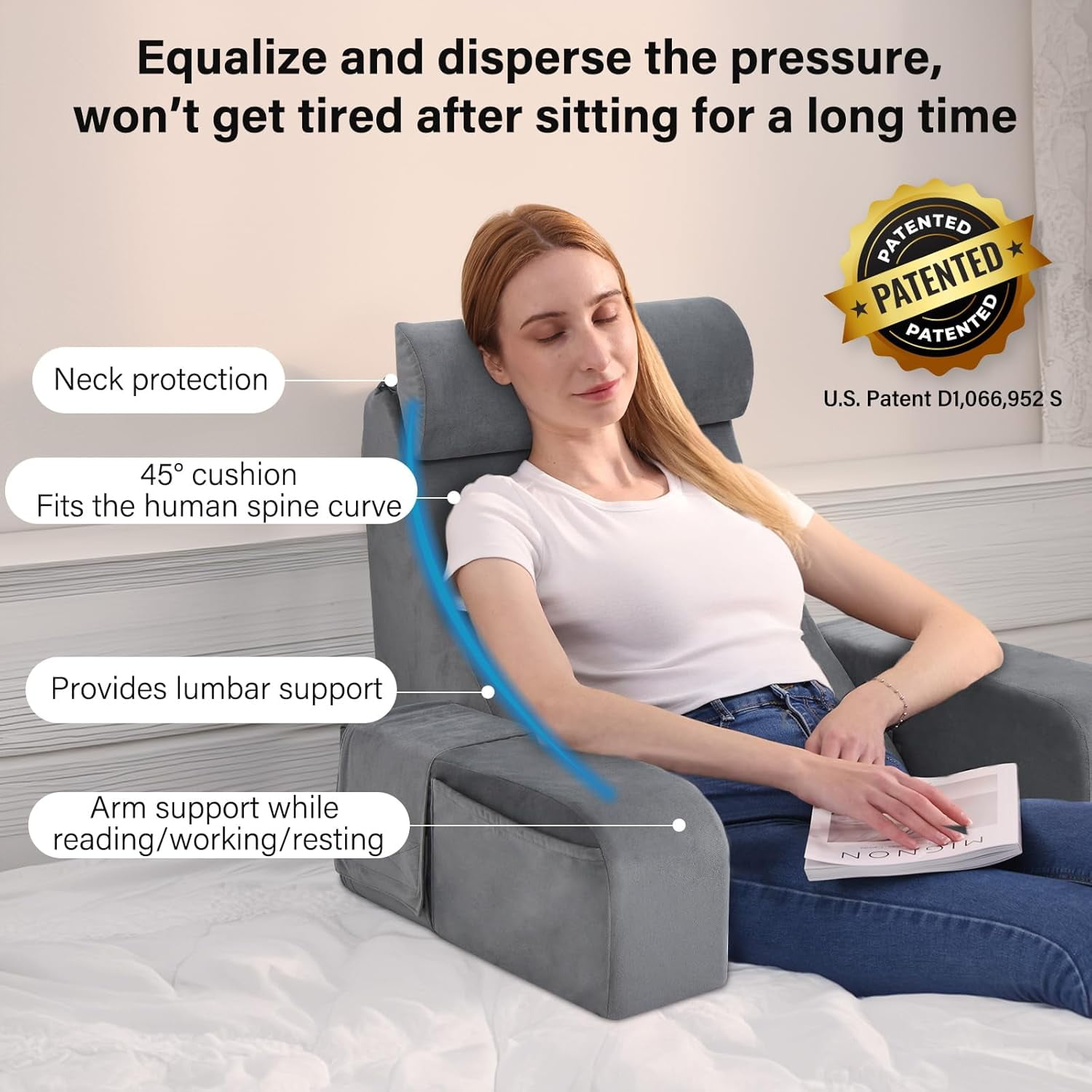 Reading Pillow for Sitting in Bed Adult, 19" Back Support Pillow for Bed Sitting up, Backrest Cushion for Reclining,Gaming,Resting, Wedge with Arms