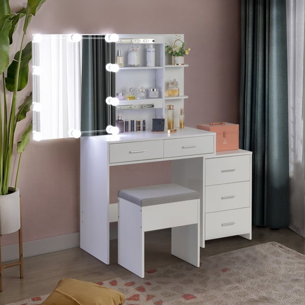 Alaxgumrol White Makeup Vanity Desk With LED Mirror & Lights - Power Outlets, USB Ports, 4 Drawers, 3 Shelves