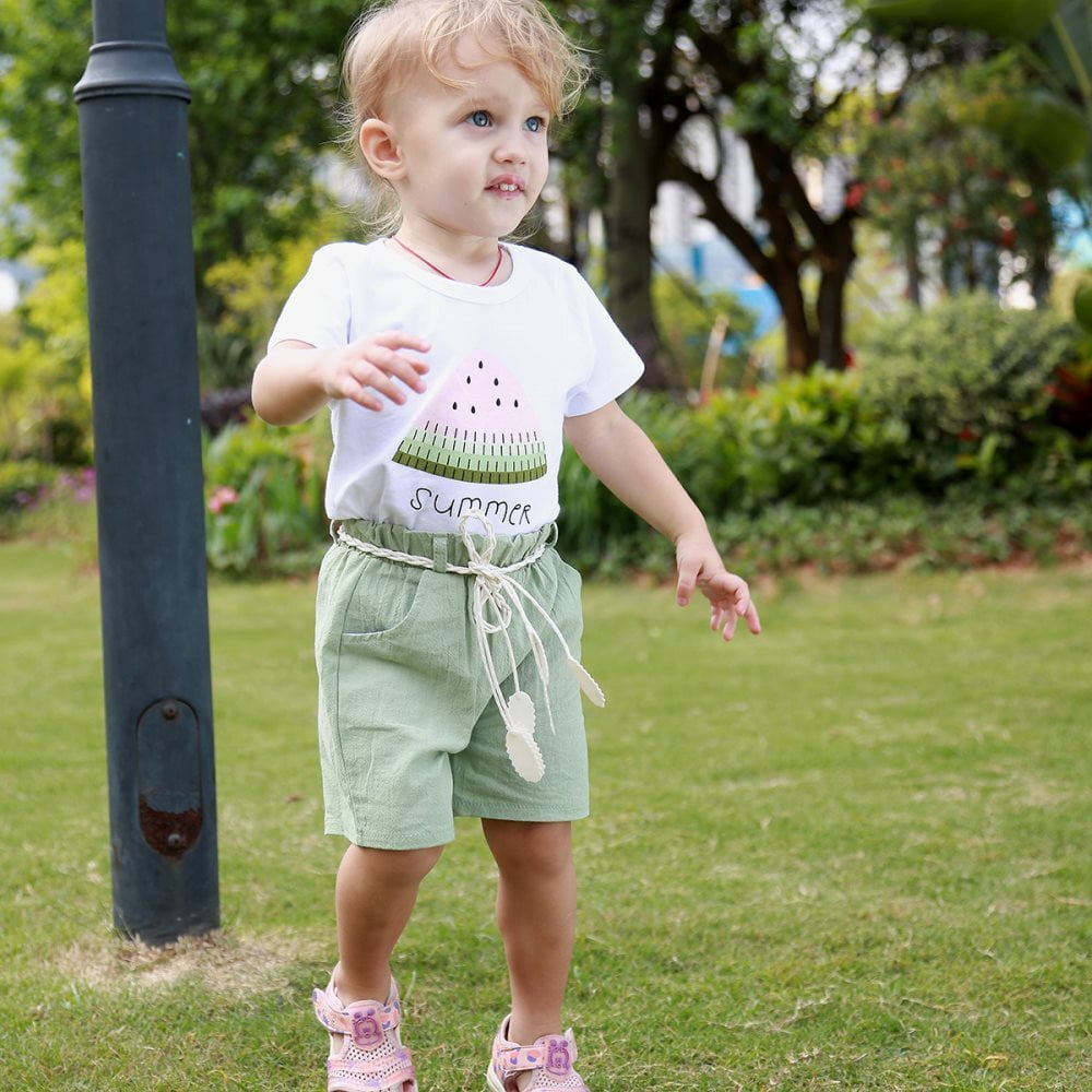 YOUNGER TREE Baby Girl Summer Clothes Toddler Girl Watermelon T-Shirt Linen Shorts with Belt Outfits Little Girl Clothes 2pcs Set