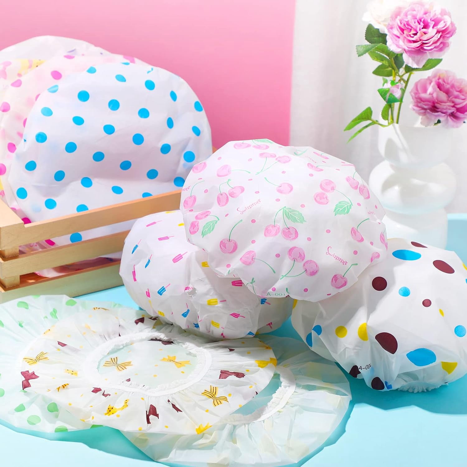 20 Pcs Reusable Plastic Shower Caps for Women, Bulk Waterproof Bath Hair Bonnets with Elastic Band Assorted Colors Home, Salon & Spa