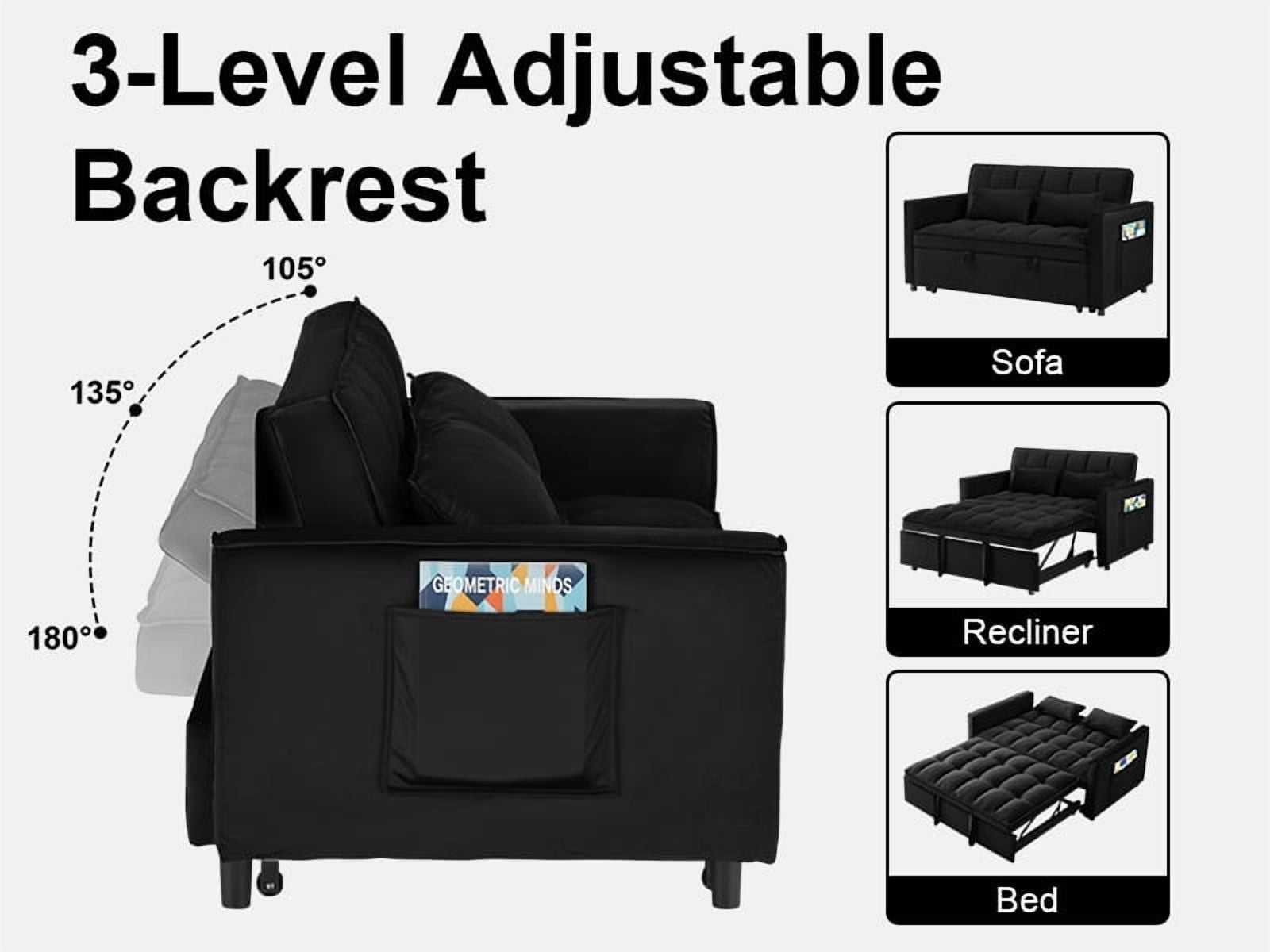 Howcool 55" 3 in 1 Convertible Sleeper Sofa Bed, Pull Out Loveseat Couch with Storage Pocket,Black