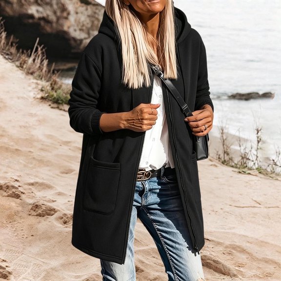thefmos Women's Plus Size Hooded Zip Up Sweatshirt Jacket with Pockets Long Length Solid Color Casual Coat Fashion Fall Winter Clothes, Black S