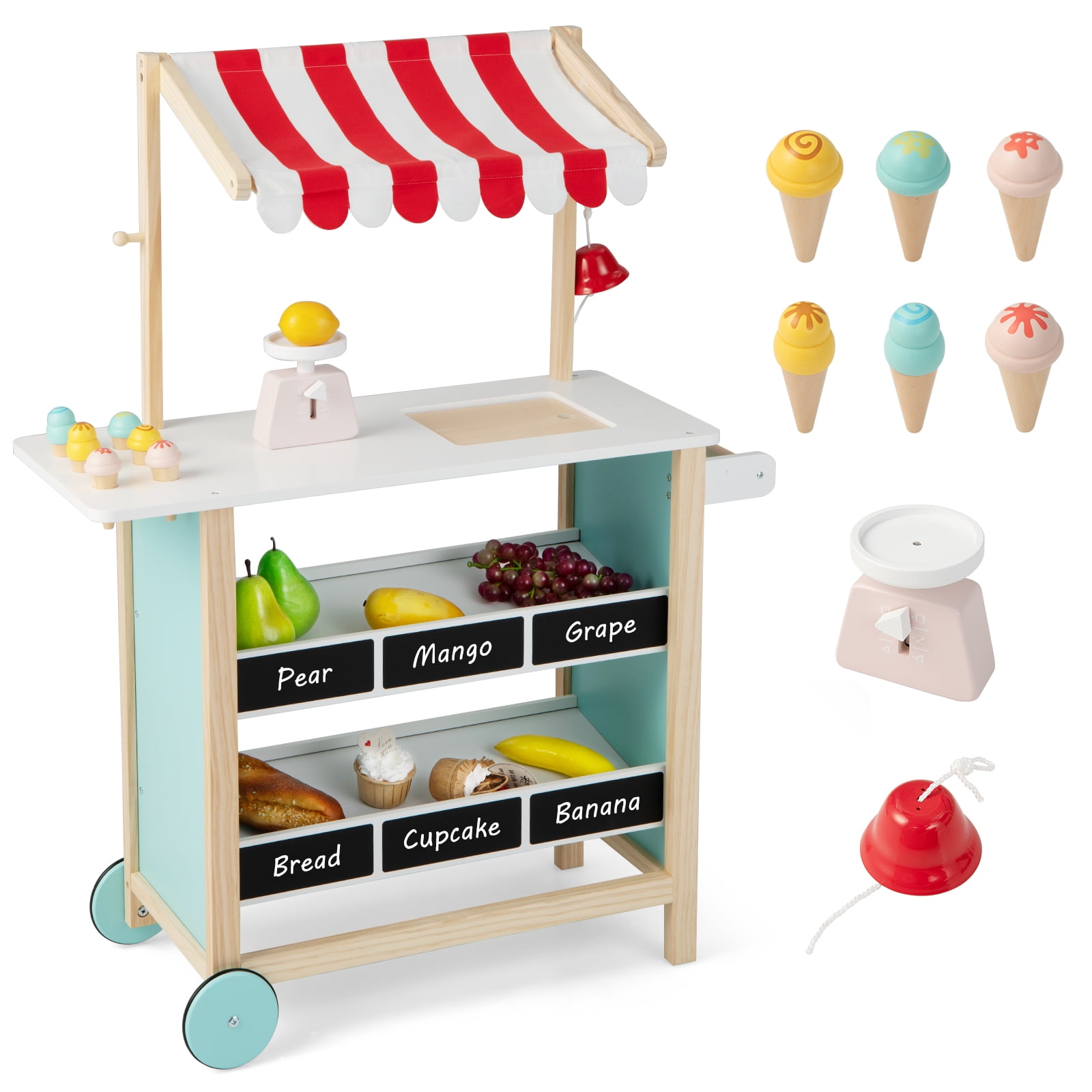 Costway Kids Ice Cream Cart Wooden Toddler Farmers Market Stand W