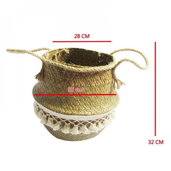 Storage Basket Foldable Laundry Straw Patchwork Wicker Rattan Belly Garden Flower Pot Planter Handmade Basket