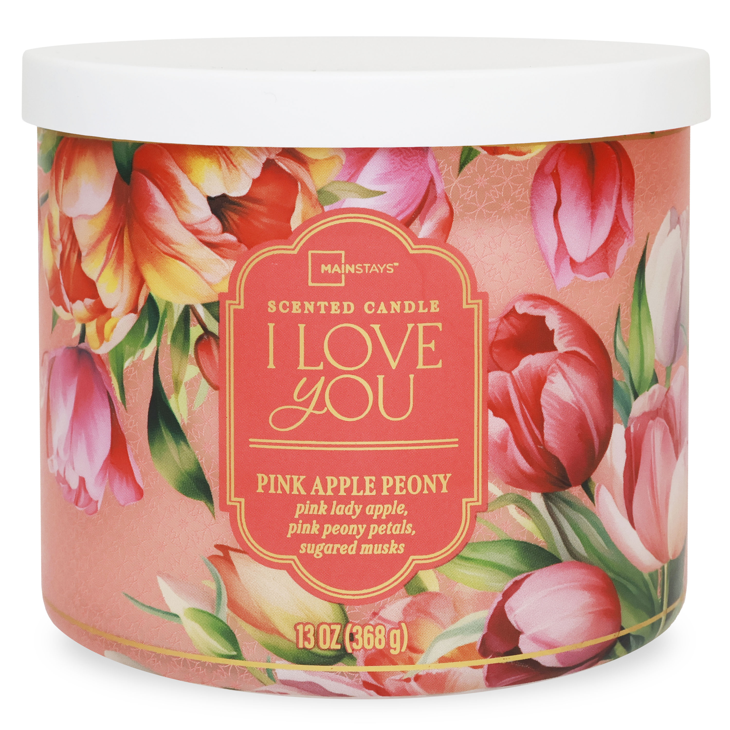 Mainstays "I Love You" Mother's Day 3-Wick Wrapped Jar Candle, Pink Apple Peony, 13 Ounce