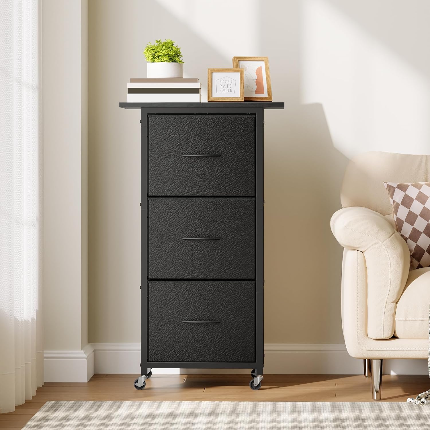 3 Drawer File Cabinet, Vertical Filing Cabinet with Wheels, Printer Stand with Non-Woven Fabric Drawer, Adjustable Hanging Rods, fits A4/Letter Size, for Home Office