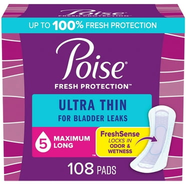 Poise Ultra Thin Incontinence Pads & Postpartum Incontinence Pads, 5 Drop Maximum Absorbency, Long Length, 108 Count (3 Packs of 36), Packaging May Vary