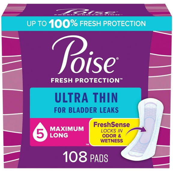 Poise Ultra Thin Incontinence Pads & Postpartum Incontinence Pads, 5 Drop Maximum Absorbency, Long Length, 108 Count (3 Packs of 36), Packaging May Vary