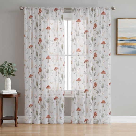 Grey Fall Mushroom Sheer Curtains 84 Inch Length 2 Panels Set, Dark Farmhouse Botanical Voile Window Treatment Rod Pocket Curtains Sheers Drapes for Bedroom/Living Room/Kitchen 52"x84"x2