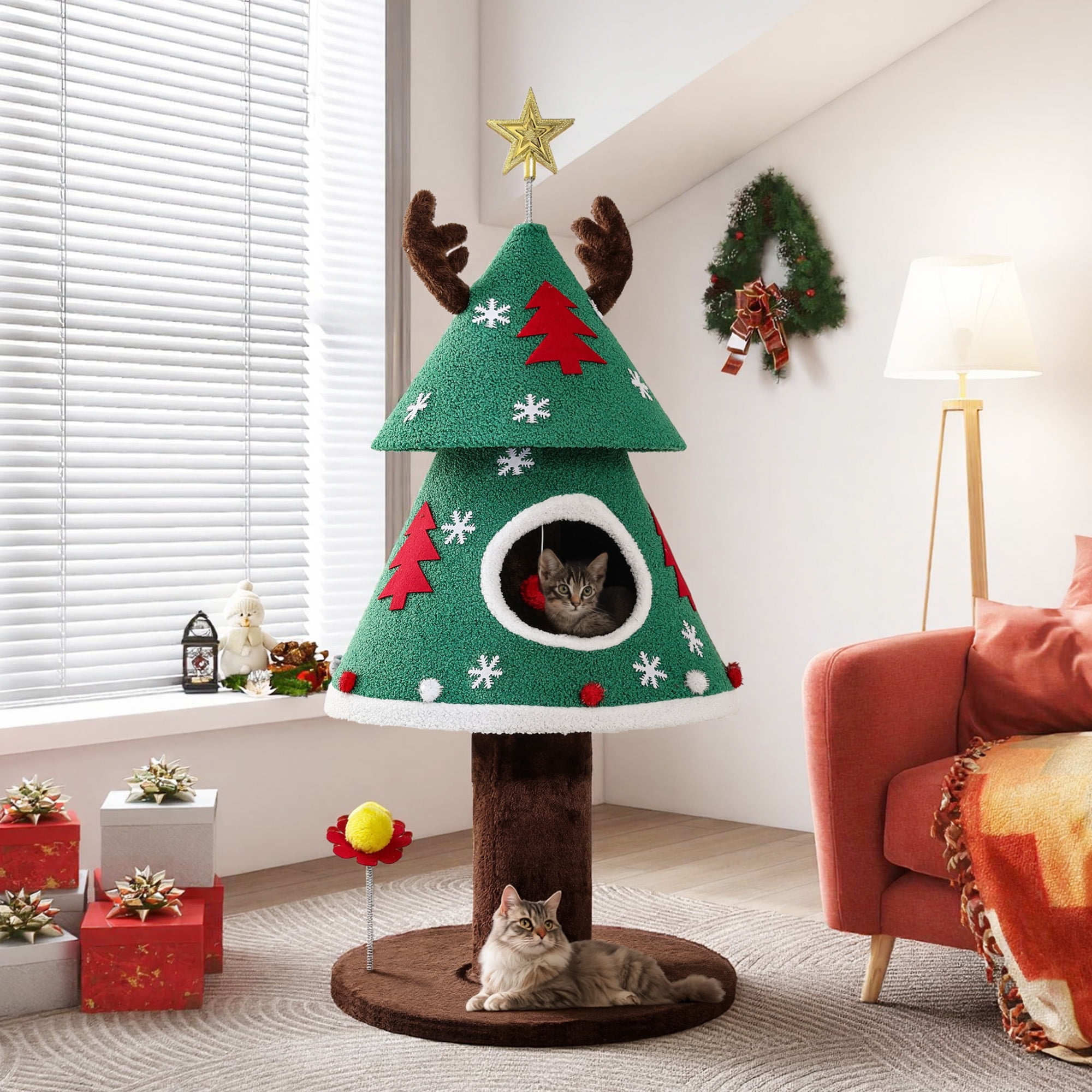 Dextrus 47.2 in Christmas Cat Tree, Cat Tower with Balls & Cat Teaser,  Indoor Cat Climbing Furniture ,Green