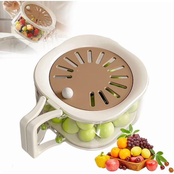 2-in-1 Draining and Storage Basket | Multifunctional Fruit and Vegetable Washing Bowl with Handle, Strainer Container with Lid for Kitchen Fridge Outdoor Picnic Camping (Brown)