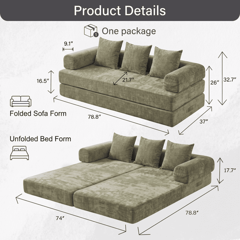 Gewnee 79 Boneless Sofa, Convertible Sofa Bed, Futon Floor Sleeper Sofa Bed with Pillows for Living Room Bedroom, No Assembly Required, Chenille, Green