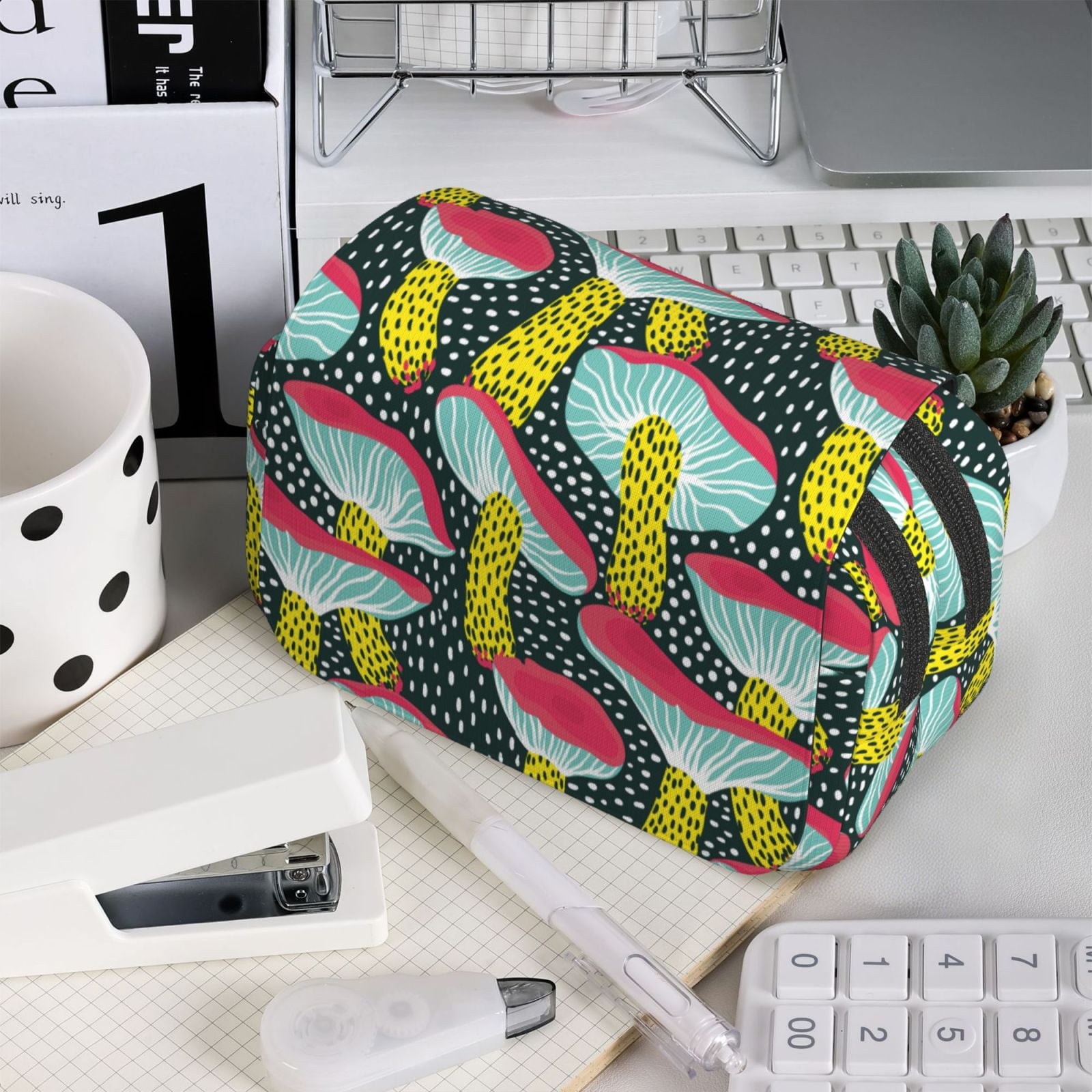 Rateoe Green Mushroom Pattern Double Clamshell Pen Case, Storage Organizer with Two Zipper Compartments– Holds Up to 50 Pencils & Pens