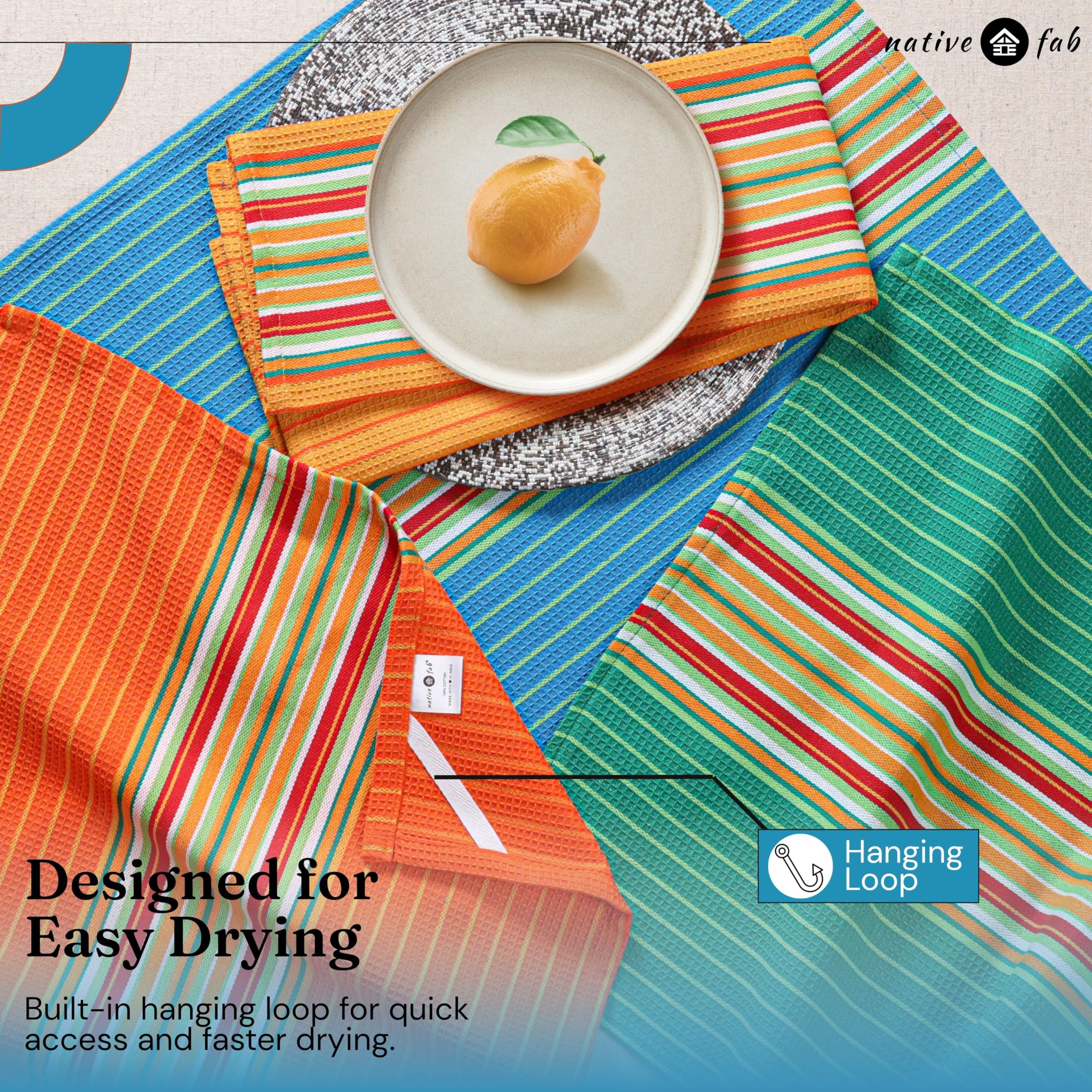 Native Fab Mexican Salsa Stripe Dish Towels, 8 Pack, 18x28", Super Absorbent, 100% Cotton Kitchen Towels for Drying, Reusable, Washable Towels for Everyday Cooking and Cleaning, Turquiose Blue