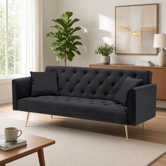 71 Inch Convertible Loveseat Sofa, American Retro Velvet, Suitable for Small Living Room, Bedroom, Office, Black