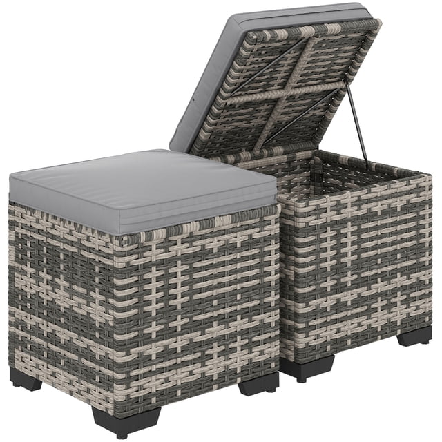 Outsunny Ensemble de 2 Poufs en Osier, Repose-Pieds d'Extérieur avec Rangement, Gris