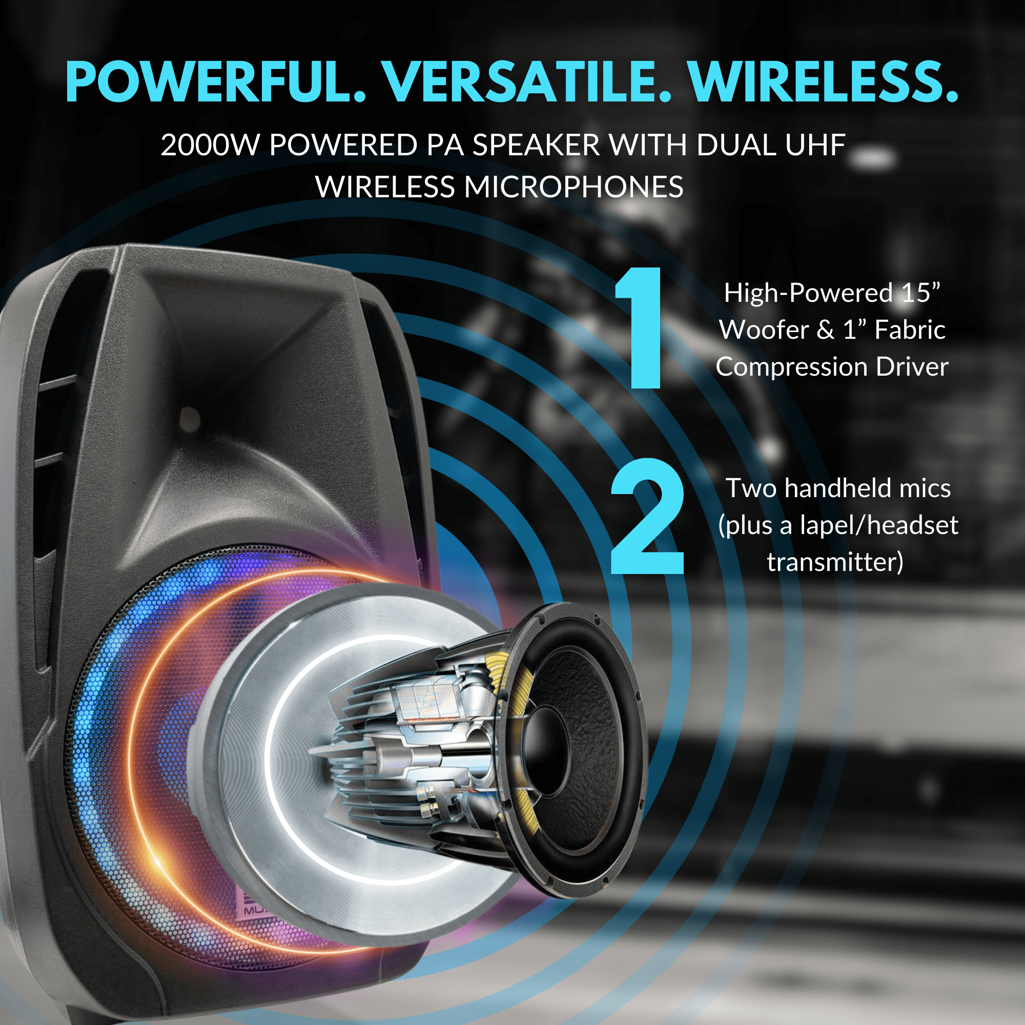 MUSYSIC MU‑U15PA Professional 15" Portable PA System – 2000W Peak, Dual UHF Wireless Microphones, Bluetooth, USB, FM Radio, Rechargeable Battery, Remote Control
